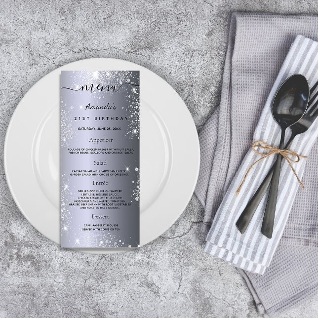 Birthday Menu silver metall monogram namn Reklamkort (Skapare uppladdad)