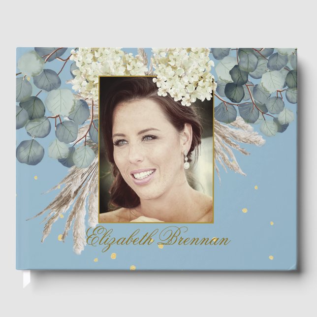 Birthday Milestone Photo Blommigt Blue Elegant Gästböcker (Framsida)