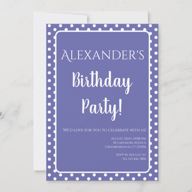 Birthday Modern Polka dots Lila Periwinkle Inbjudningar (Framsida)