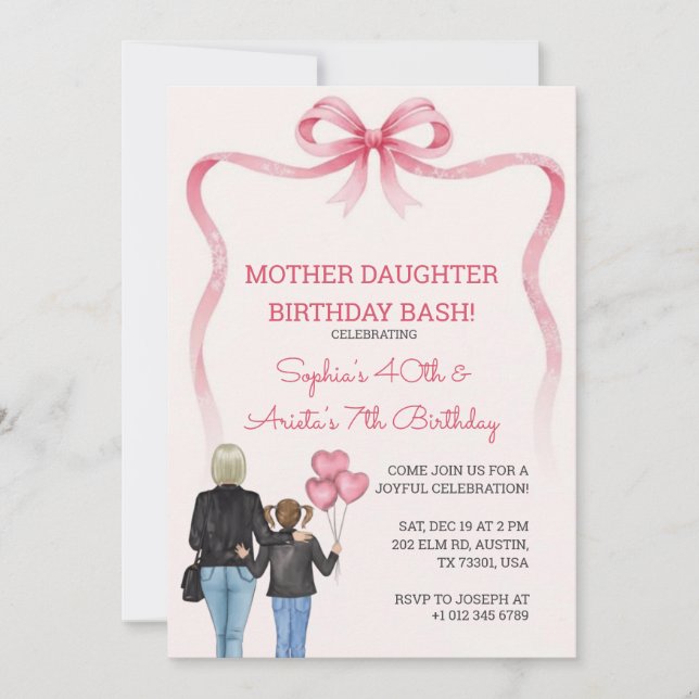 Birthday mother daughter pink bow theme  inbjudningar (Framsida)