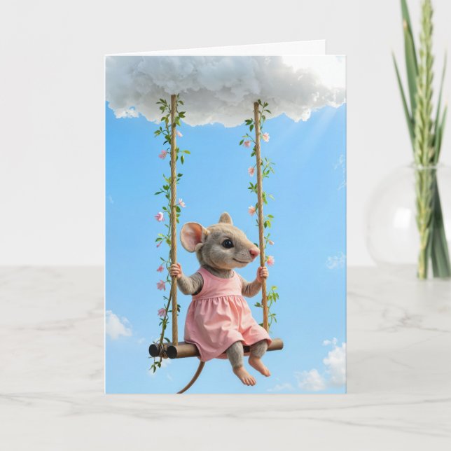 Birthday Mouse In a Pink Dress On a Swing Kort (Framsida)