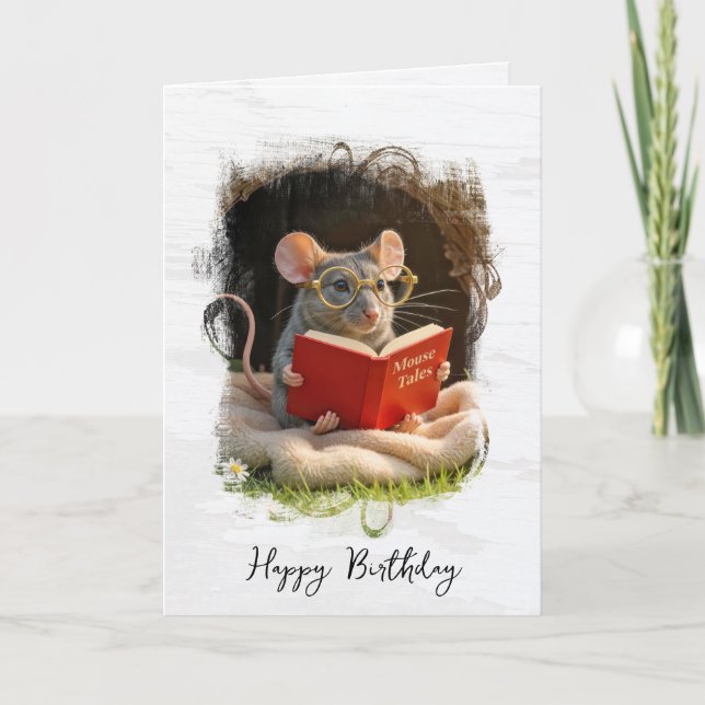 Birthday Mouse Reading a Book Kort (Framsida)