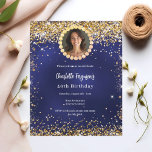 Birthday navy blue gold diamond photo invitation<br><div class="desc">For an elegant 40th (or any age) birthday party. A navy blue, uneven colored background. Decorated with faux gold confetti. Personalize and add a name and party details. Add your photo into the faux golden diamond frame. The name is written with a hand lettered style script. 1 sheet = 1...</div>