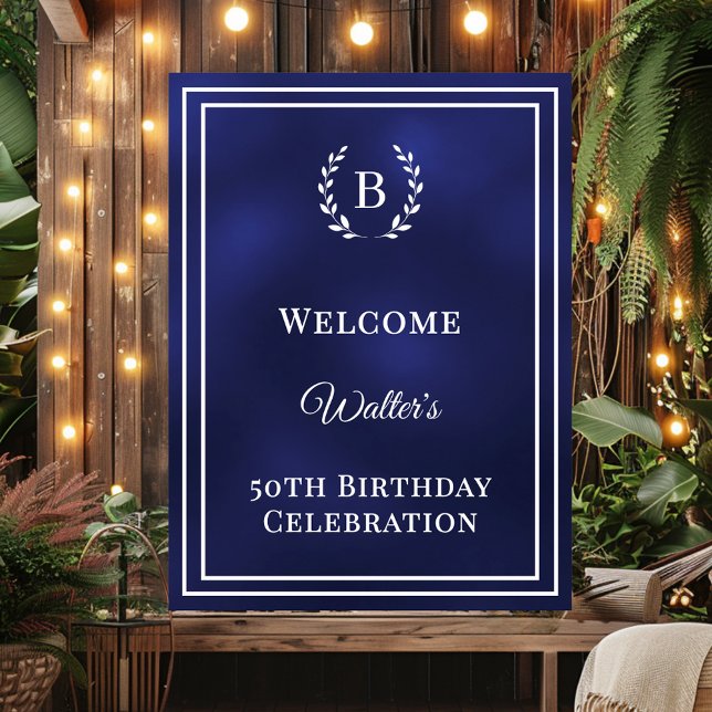 Birthday navy blue monogrammed elegant welcome poster (Skapare uppladdad)