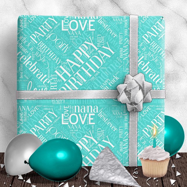 Birthday Ord Cloud Grandma Teal ID276 Presentpapper (Skapare uppladdad)