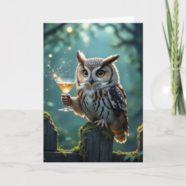 Birthday Owl Holding a Cocktail In a Forest Kort (Framsida)
