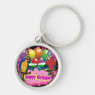 BIRTHDAY PARROTS RUND SILVERFÄRGAD NYCKELRING