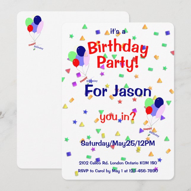 Birthday Party Balloons Invitation Inbjudningar (Fram/baksida)