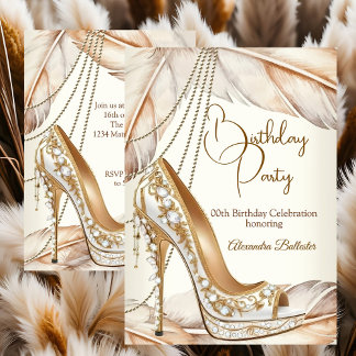 Birthday Party Beige Cream Gold Heel Stiletto Shoe Inbjudningar
