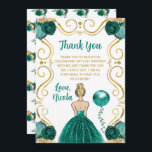 Birthday Party Blonde Princess in Teal Tack Kort<br><div class="desc">This birthday party thank you card features an elegant gold frame,  a beautiful princess with blonde hair and a teal blue dress,  flowers and a balloon. This is perfect for a birthday party.</div>