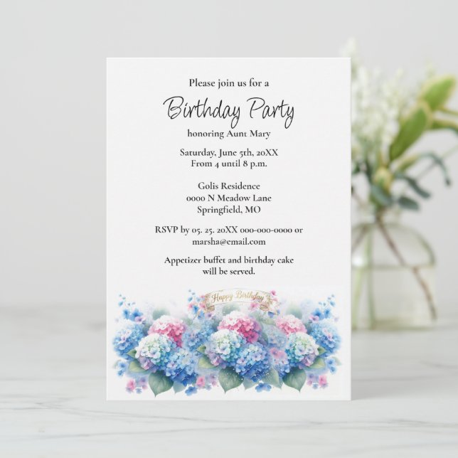 Birthday Party Blue Hydrangea Flower Invitation Inbjudningar (Stående Fram)