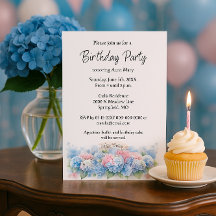 Birthday Party Blue Hydrangea Flower Invitation