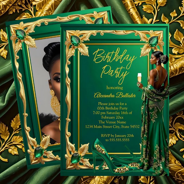 Birthday Party Emerald Green Gold high Heel Dress Inbjudningar (Skapare uppladdad)