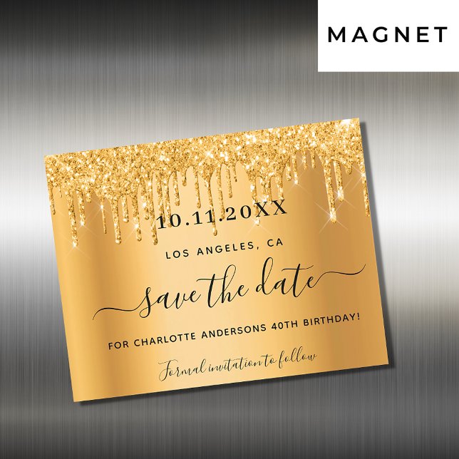 Birthday party gold glitter save the date magnet (Skapare uppladdad)