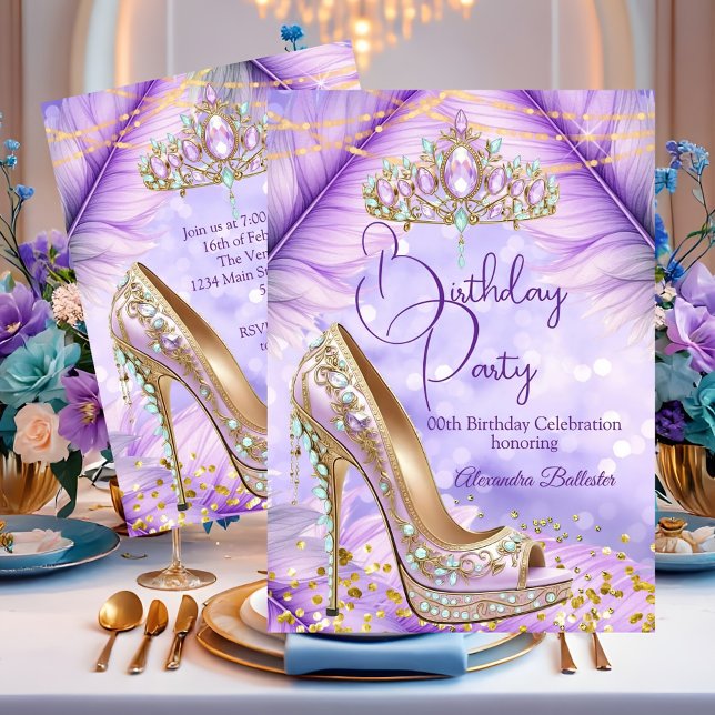 Birthday Party Lilac Teal Tiara Gold Heel Stiletto Inbjudningar (Skapare uppladdad)