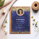 Birthday party navy blue gold diamond photo inbjudningar<br><div class="desc">For an elegant 40th (or any age) birthday party. A navy blue,  uneven colored background. Decorated with faux gold confetti. Personalize and add a name and party details. Add your photo into the faux golden diamond frame. The name is written with a hand lettered style script</div>