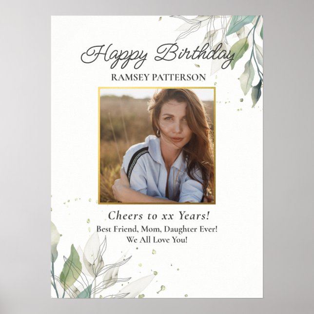 Birthday Party Photo Pretty Botanical Any Age Poster (Framsidan)