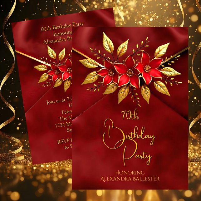 Birthday Party Red Flowers Faux Crush Velvet Gold Inbjudningar (Skapare uppladdad)
