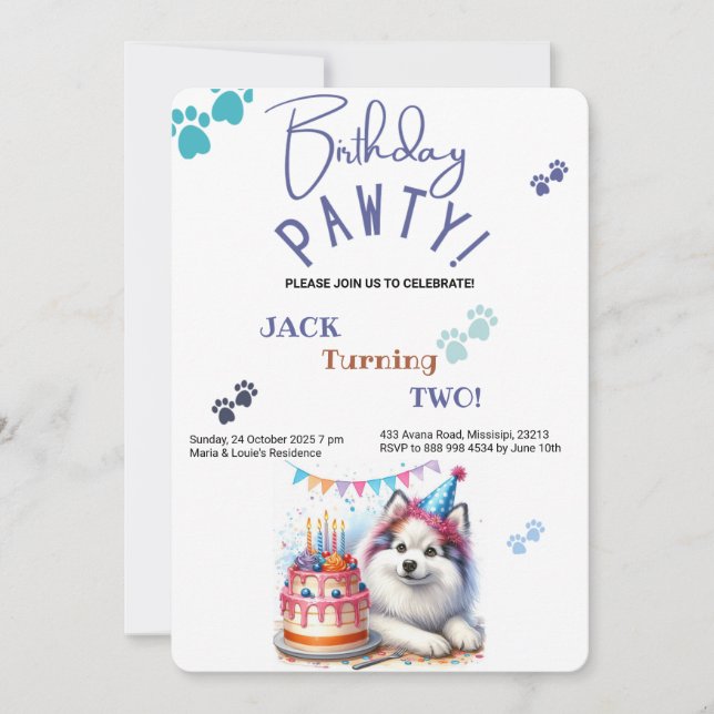 Birthday Pawty American Eskimo Hund Birthday Inbjudningar (Framsida)