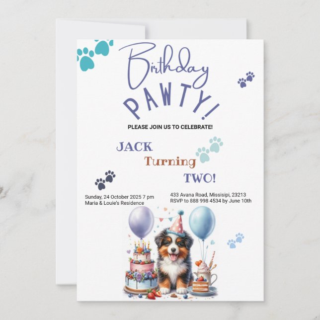 Birthday Pawty Australian shepherd Hund Birthday Inbjudningar (Framsida)