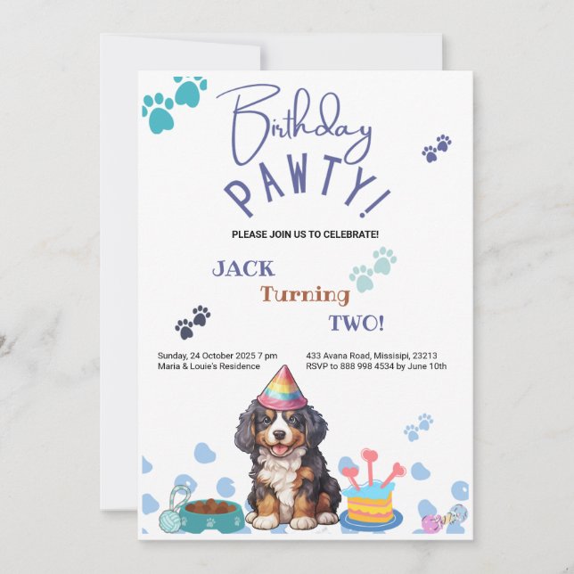 Birthday Pawty Bernese Mountain Hund Birthday Inbjudningar (Framsida)