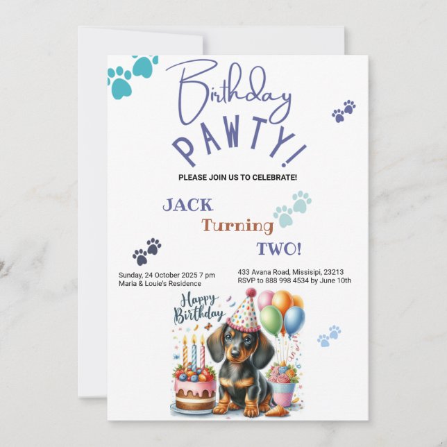 Birthday Pawty Dachshund Hund Personlig Birthday Inbjudningar (Framsida)