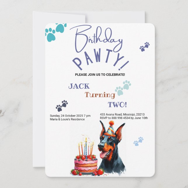 Birthday Pawty Doberman Pincher Hund Birthday Inbjudningar (Framsida)