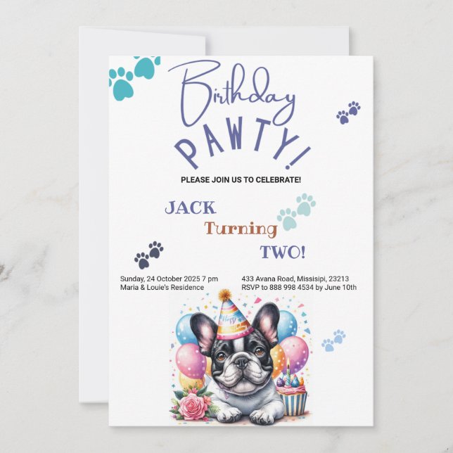 Birthday Pawty Fransk Bulldog Hund Birthday Inbjudningar (Framsida)