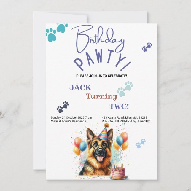 Birthday Pawty German Shepherd Hund Birthday Inbjudningar (Framsida)