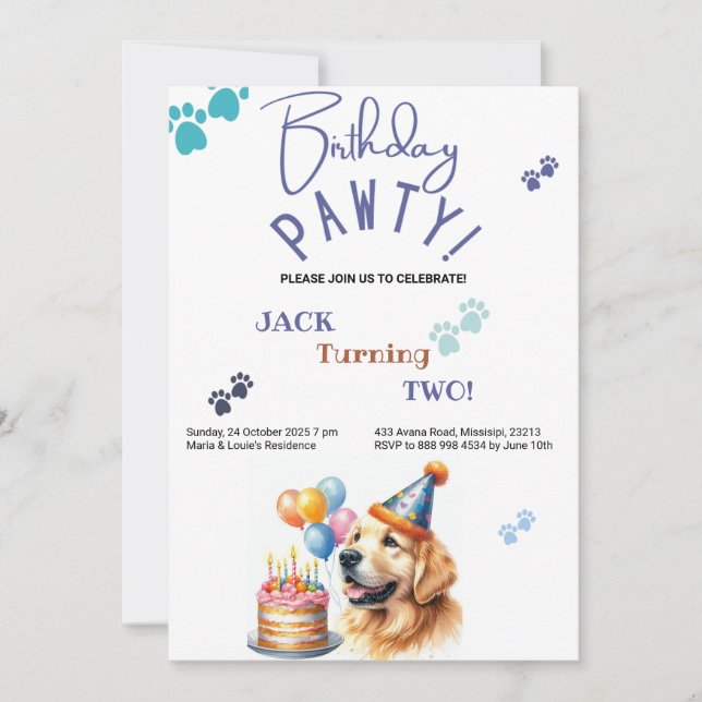 Birthday Pawty Golden Retriever Hund Birthday Inbjudningar (Framsida)
