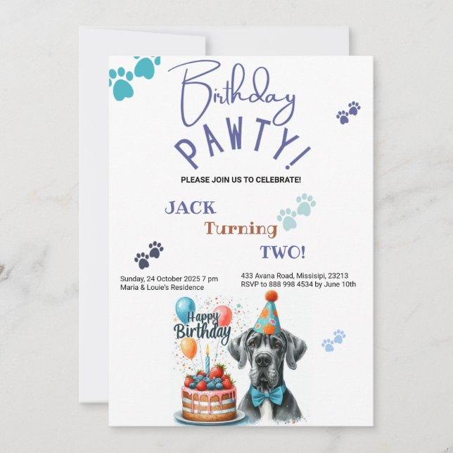 Birthday Pawty Great dane Hund Birthday Inbjudningar (Framsida)