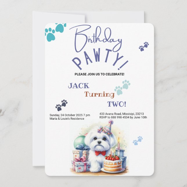Birthday Pawty Maltese Personlig Birthday Inbjudningar (Framsida)