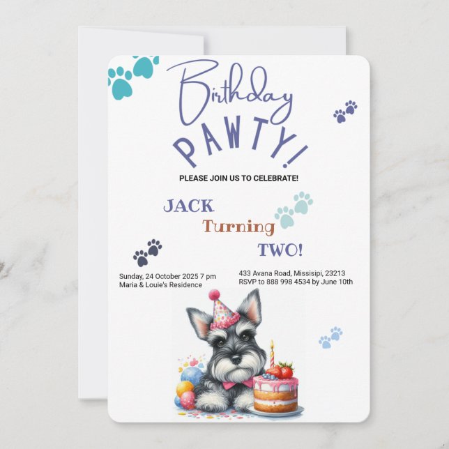 Birthday Pawty Miniature Schnauzer Hund Birthday Inbjudningar (Framsida)