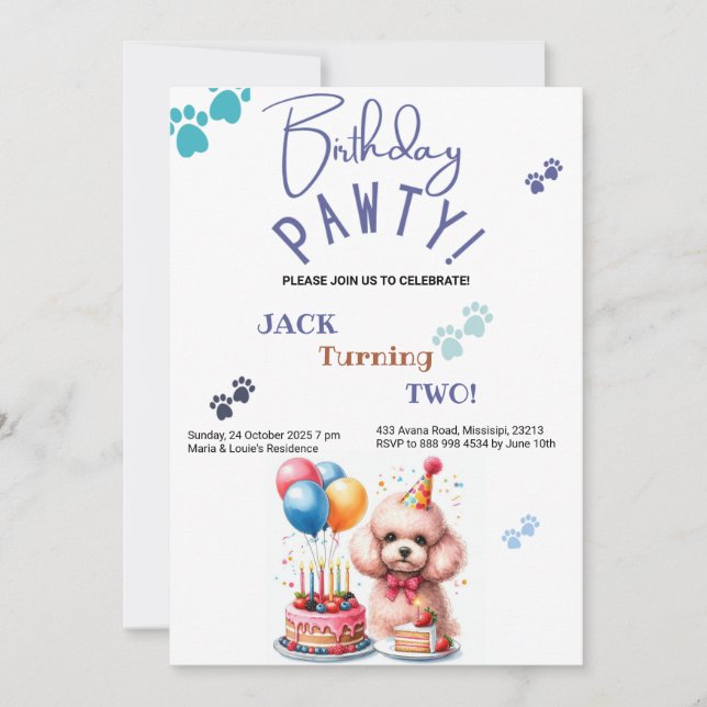 Birthday Pawty Pudel Hund Personlig Birthday Inbjudningar (Framsida)