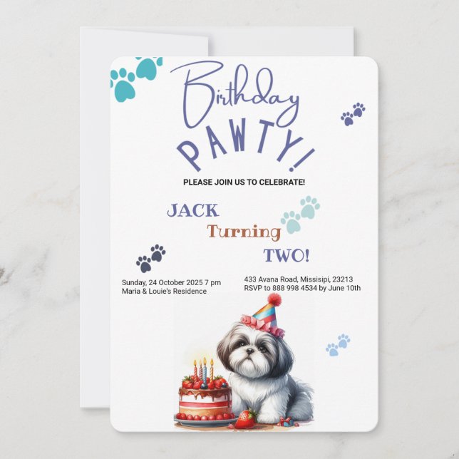Birthday Pawty Shih Tzu Hund Personlig Birthday Inbjudningar (Framsida)