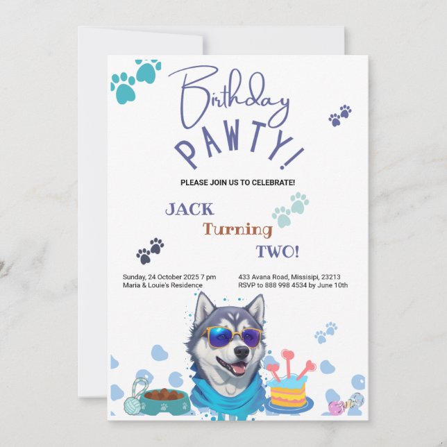 Birthday Pawty Siberian husky Hund Birthday Inbjudningar (Framsida)