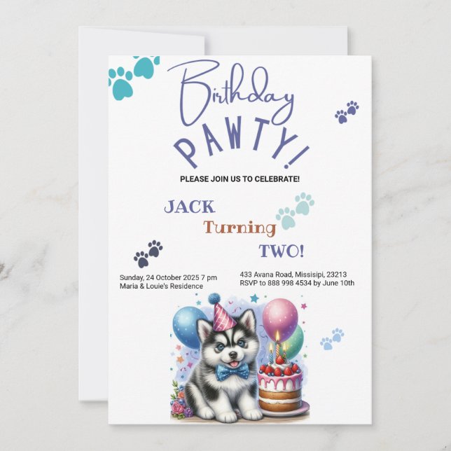 Birthday Pawty Siberian husky Hund Birthday Inbjudningar (Framsida)
