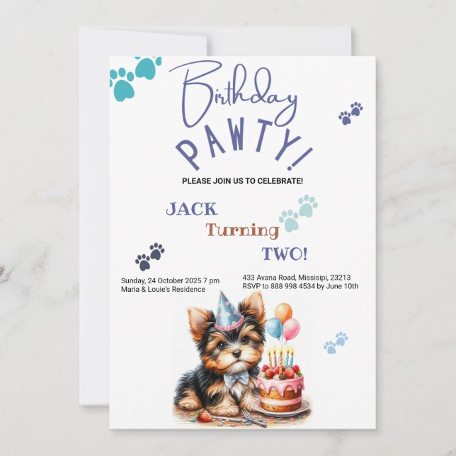 Birthday Pawty Yorkshire Terrier Hund Birthday Inbjudningar (Framsida)