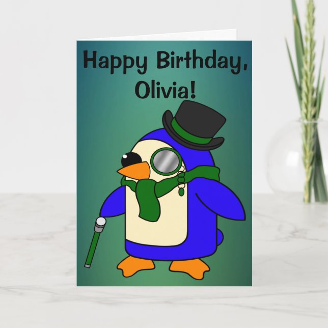 Birthday Penguin Teal Grassy Emerald Anpassade Kort (Framsida)
