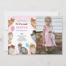 Birthday Photo Girl Cat Pawty Animals Inbjudningar