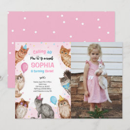 Birthday Photo Girl Cat Pawty Animals Inbjudningar