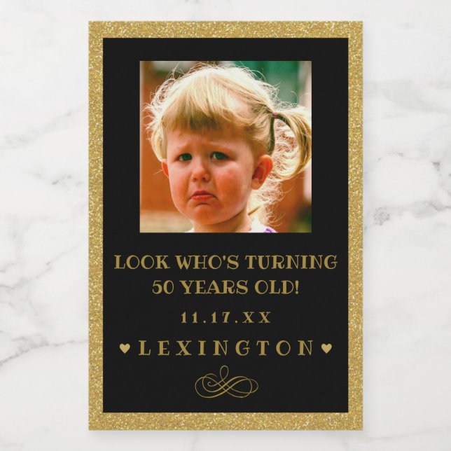 Birthday Photo Glitter Titta Mini Flaska-etikett | Mat Etikett (Singel etikett)