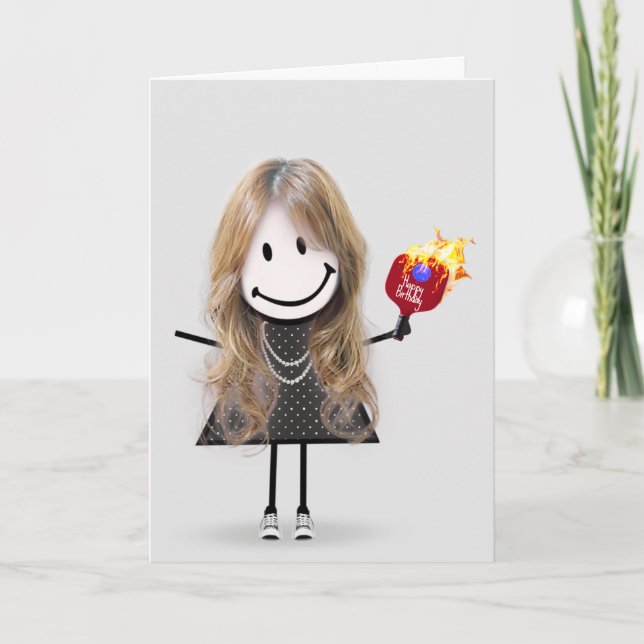 Birthday Pickleball Stick figur Girl Kort (Framsida)