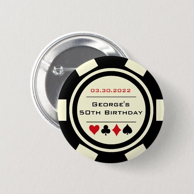 Birthday Poker Chip Casino Theme Red Black Knapp (Framsida & baksida)