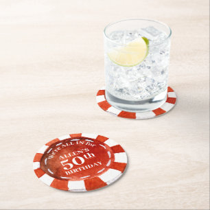 Birthday Poker Chip Red White Personlig Underlägg Papper Rund