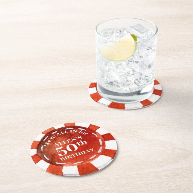 Birthday Poker Chip Red White Personlig Underlägg Papper Rund (Insitu)
