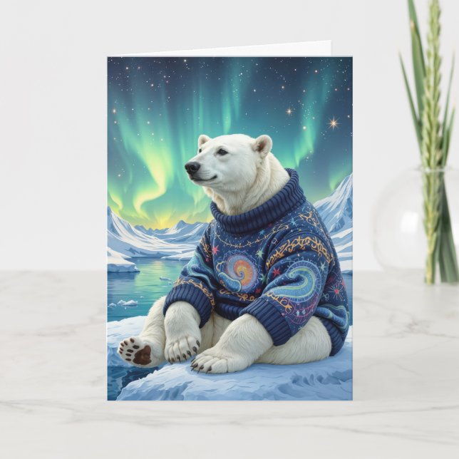 Birthday Polar Bear Sitting Under Northern Lights Kort (Framsida)