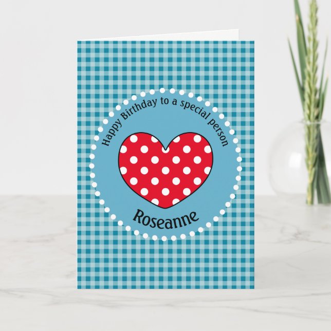 Birthday Polka Dot Kärlek Heart Gingham Personlig Kort (Framsida)