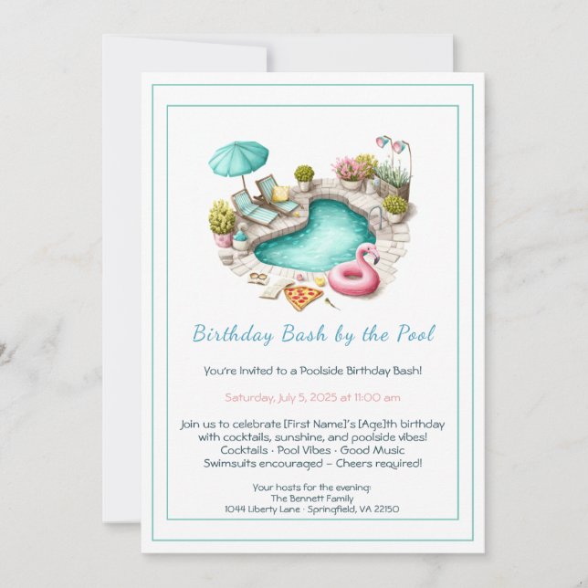 Birthday Pool Party Invitation with Cocktails  Inbjudningar (Framsida)