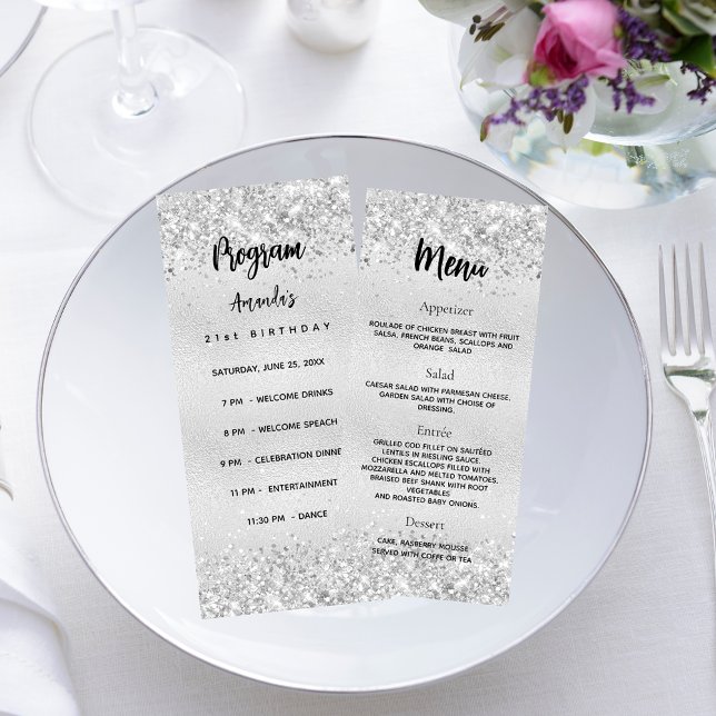 Birthday Progam Menu silver konetti Reklamkort (Skapare uppladdad)